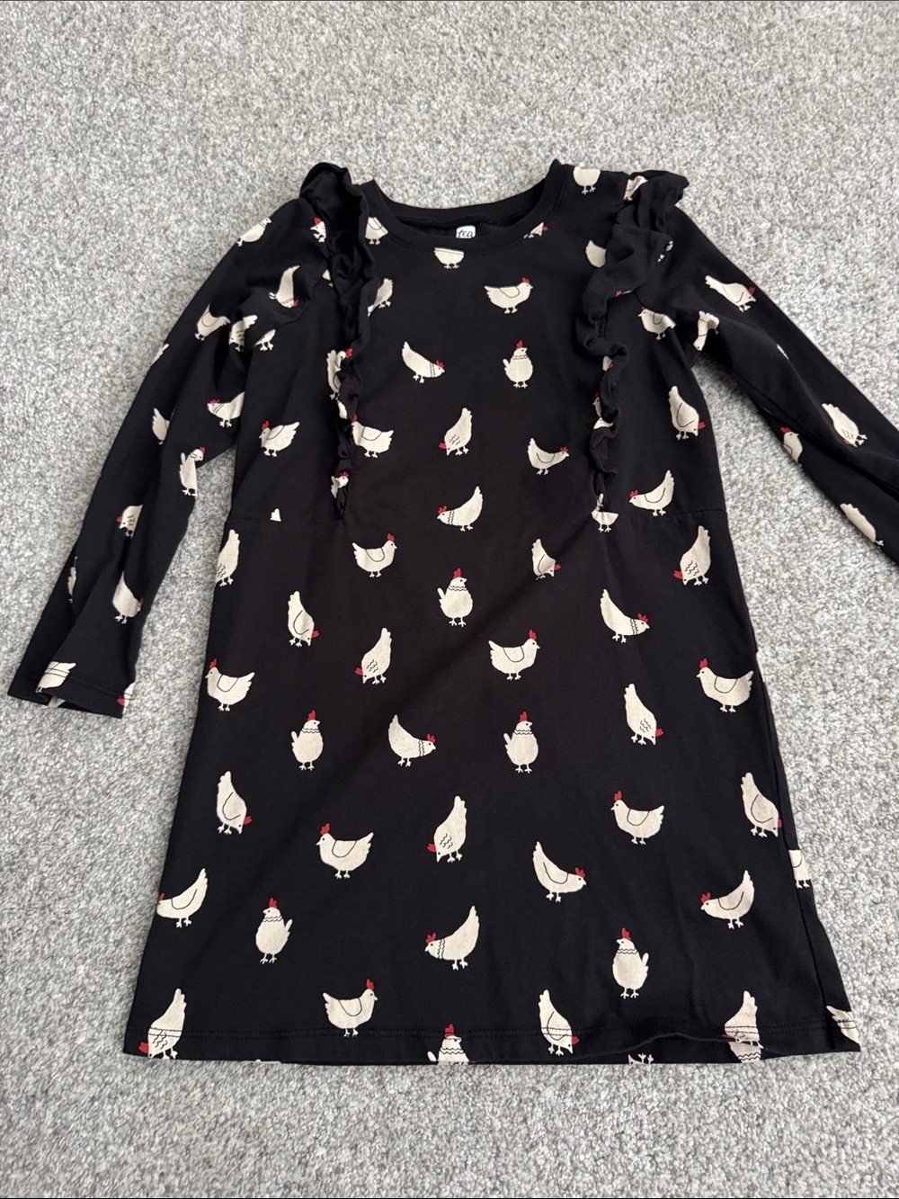 Tea Collection Black Dress with Cream Chicken Print